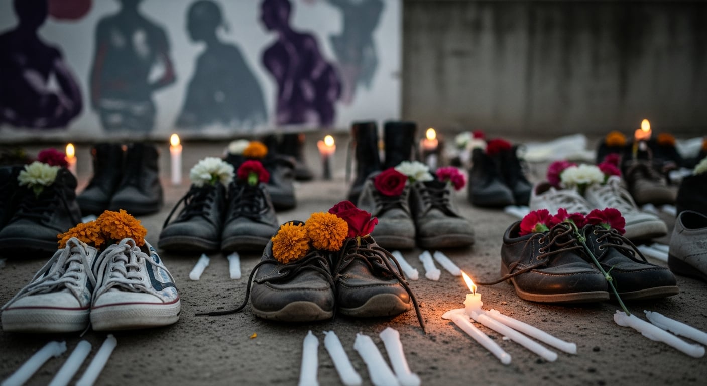 Zapatos con flores y velas encendidas forman un emotivo memorial en honor a las víctimas de feminicidios, destacando la persistente lucha por justicia. (Imagen Ilustrativa Infobae)