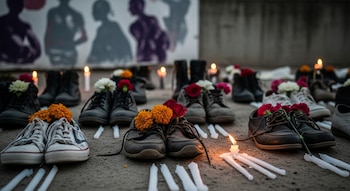 Múltiples pares de zapatos con flores y velas blancas encendidas sobre el suelo, con siluetas borrosas de personas pintadas en una pared al fondo.