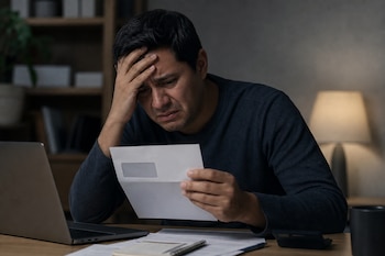 Un hombre sentado ante un escritorio sostiene una carta abierta con la mano en la frente, junto a una computadora portátil y documentos.