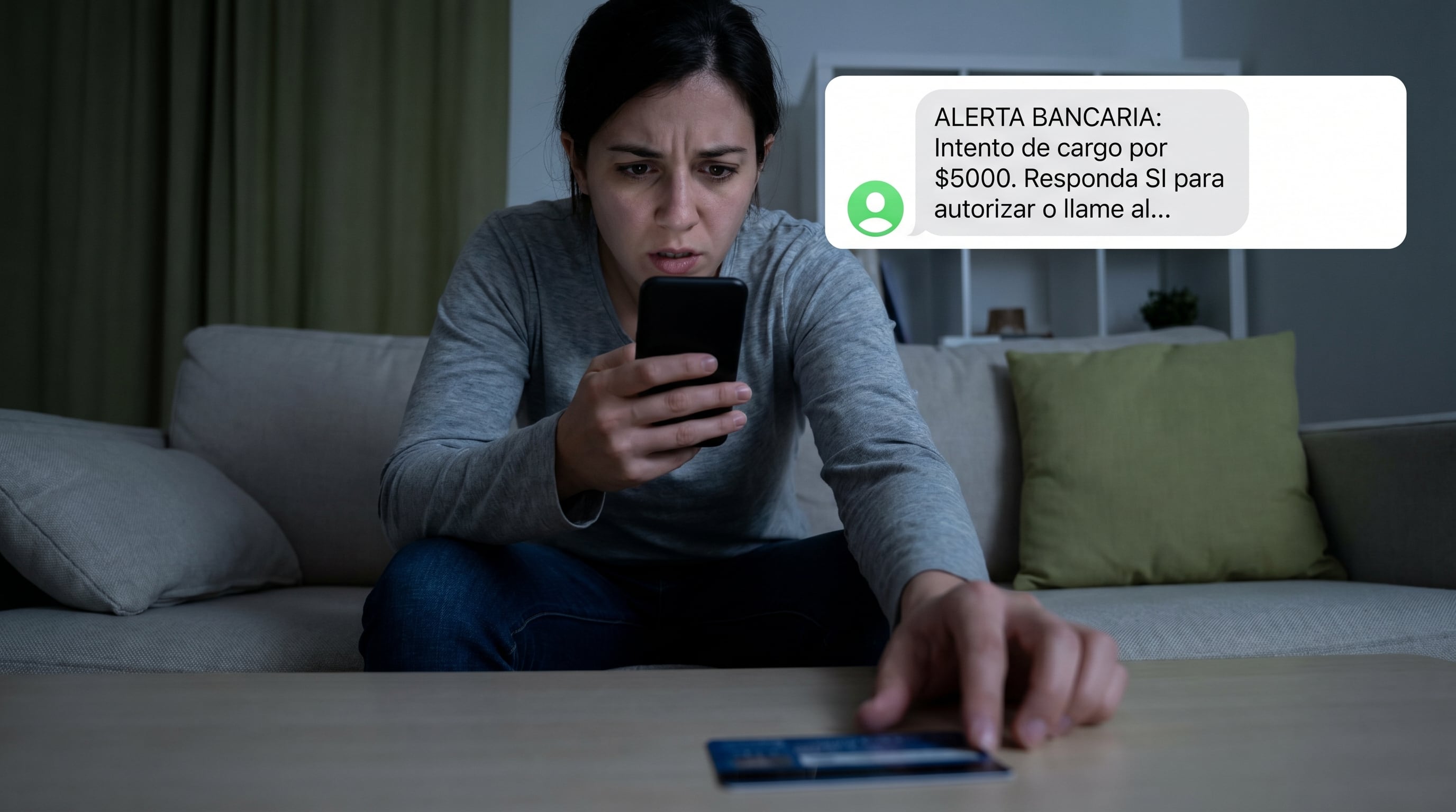 Una mujer reacciona con preocupación al recibir una alerta bancaria sospechosa en su teléfono, indicando un posible intento de robo de dinero por celular. (Imagen Ilustrativa Infobae)
