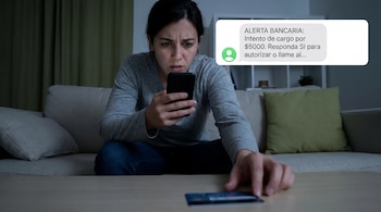 Una mujer con cabello oscuro y camiseta gris frunce el ceño mientras mira intensamente su teléfono celular, con una tarjeta bancaria sobre una mesa de madera en primer plano.