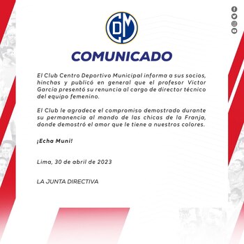 Victor García presentó su renuncia al cargo de director técnico del equipo femenino. (Foto: Deportivo Municipal)