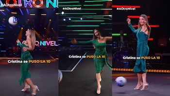 La presentadora con tacones y traje de gala, hizo dominadas con el balón y se llevó los aplausos del jurado - crédito @crisshurtado/Instagram