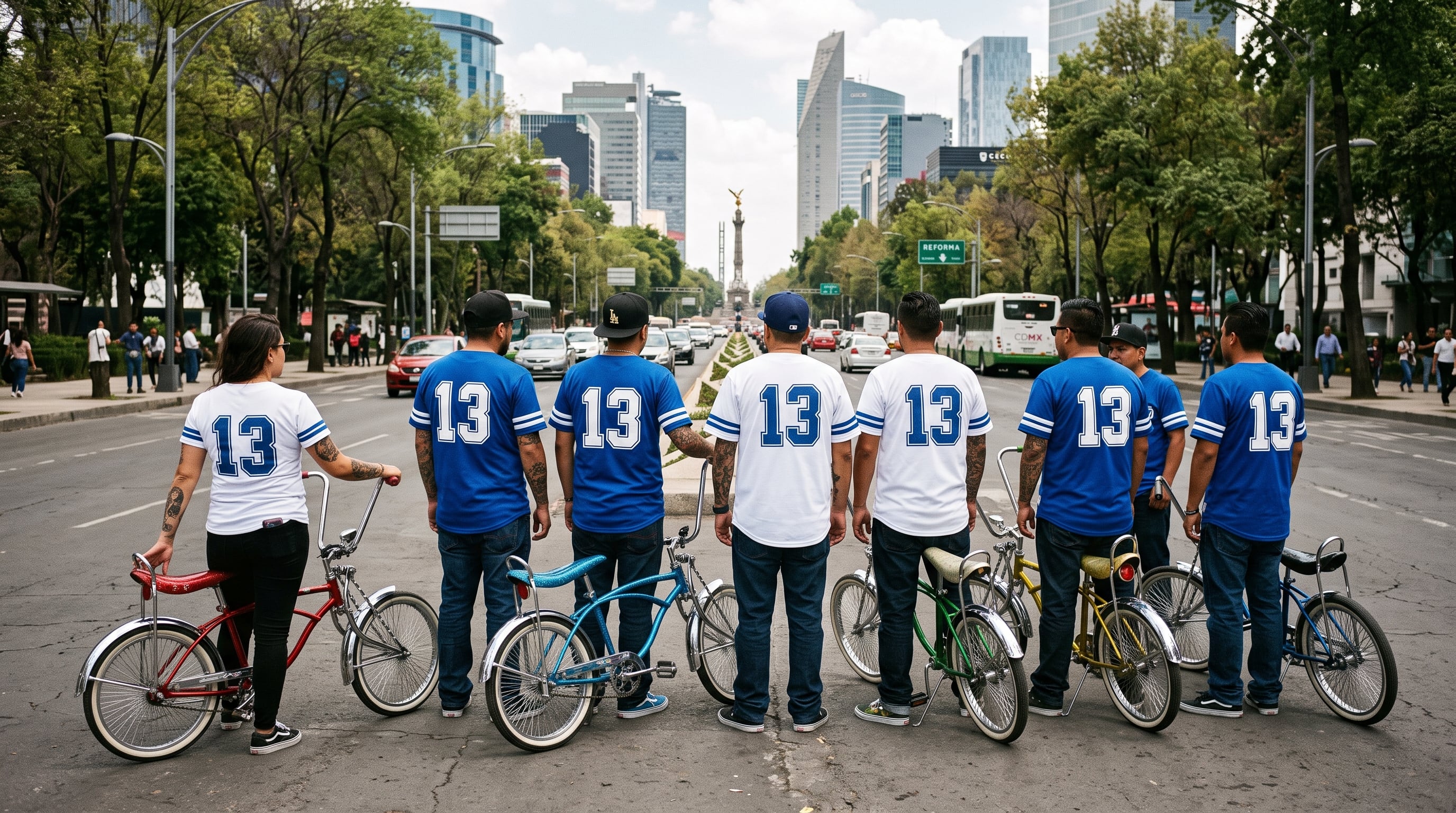 Un grupo de personas vestidas con camisetas numeradas posa de espaldas junto a sus bicicletas de estilo low rider en la avenida Paseo de la Reforma. (Imagen Ilustrativa Infobae)