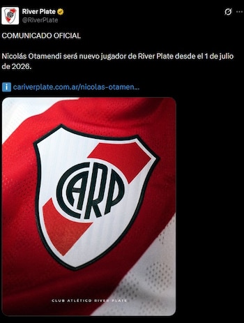 El comunicado de River sobre la llegada de Otamendi (@RiverPlate)