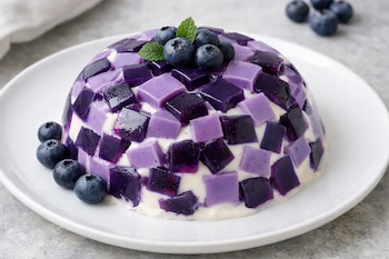 Gelatina de mosaico de cubos morados y lilas en una base cremosa blanca, con arándanos y hojas de menta en un plato blanco sobre una superficie gris.