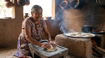 Una mujer mayor con delantal floral amasa masa en un metate de piedra. Detrás, un fogón de leña humeante calienta tortillas en un comal y ollas de barro.