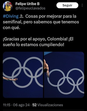 El colombiano quién disputará las semifinales de trampolín de tres metros, agradeció el apoyo de todas las personas que estuvieron pendiente - crédito @felipeuclavados / X