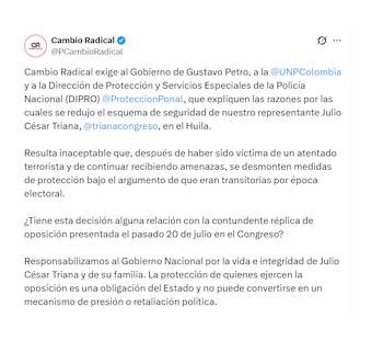 Cambio Radical salió en respaldo del representante Julio César Triana