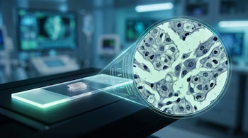 Primer plano de una muestra de tejido en un portaobjetos de laboratorio, con una superposición digital que amplía y muestra células en un microscopio.