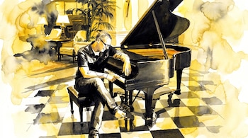 Acuarela: un hombre con gafas toca el piano de cola. La ilustración presenta tonos amarillos intensos, negros y blancos, con un estilo de pincelada manual y fondo difuminado.
