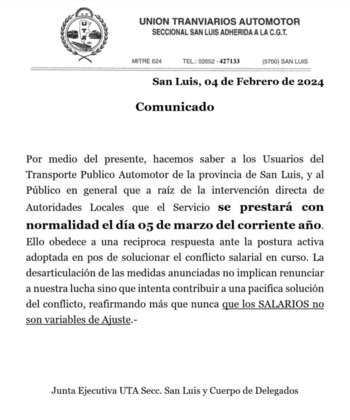 El comunicado de UTA San