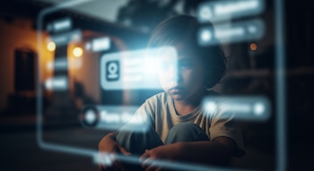 Primer plano de un niño con cabello oscuro mirando una pantalla digital brillante con cuadros e iconos, en un ambiente interior con luces borrosas.