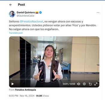 Daniel Quintero criticó a Fenalco por su crítica a la propuesta de seguridad del gobernador de Antioquia - crédito @QuinteroCalle