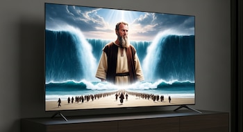 Un televisor 4K moderno exhibe una escena épica: hombre barbudo frente a dos enormes paredes de agua divididas, con una multitud cruzando.