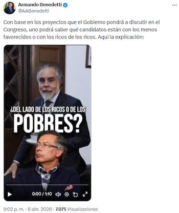 Armando Benedetti anunció proyectos clave del Gobierno antes de la primera vuelta presidencial - crédito @AABenedetti/X