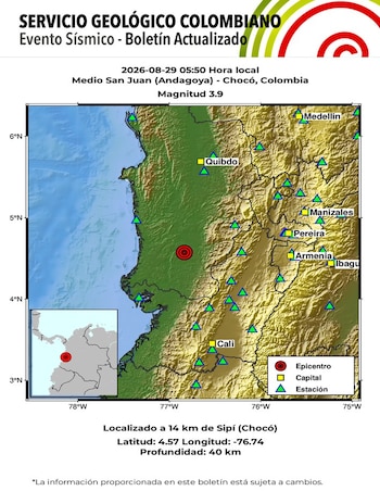 El sismo de mayor magnitud en Chocó ocurrió en Medio San Juan y fue ajustado de 4,0 a 3,9 - crédito SGC