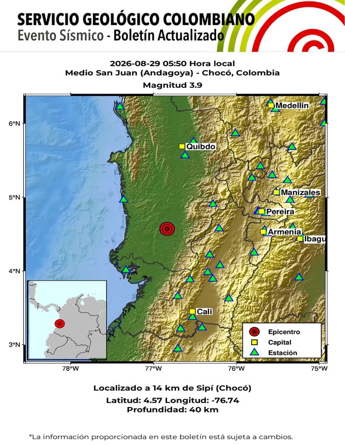 El sismo de mayor magnitud en Chocó ocurrió en Medio San Juan y fue ajustado de 4,0 a 3,9 - crédito SGC