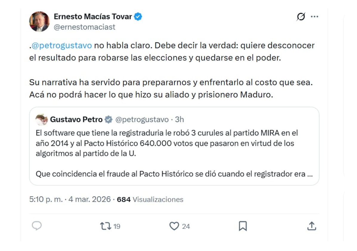 Con este mensaje en X, el expresidente del Ernesto Macías lanzó sus pullas al presidente Gustavo Petro, por poner en entredicho la legitimidad del proceso electoral - crédito @ernestomaciast/X