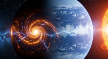 Ilustración de un exoplaneta con un hemisferio naranja oscuro con tormentas brillantes y rayos, y un hemisferio azul claro con nubes, junto a una estrella naranja.