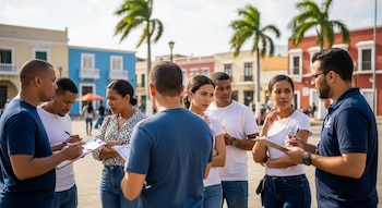 Siete personas al aire libre, tres hombres y cuatro mujeres. Varios llevan portapapeles y bolígrafos. Al fondo, edificios de colores y palmeras.