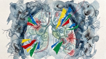 Ilustración acuarela de dos pulmones, mostrando formas celulares, líneas rojas y fragmentos de plástico rojo, verde, azul y amarillo, con un fondo azul oscuro.