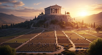 Vista aérea de un templo griego clásico sobre una colina rocosa. Debajo, vastos campos agrícolas rectangulares con personas trabajando la tierra al atardecer.