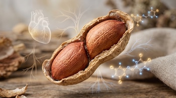 Maní abierto con dos semillas visibles, rodeado de gráficos translúcidos de un corazón, vasos sanguíneos y moléculas antioxidantes sobre un fondo rústico.