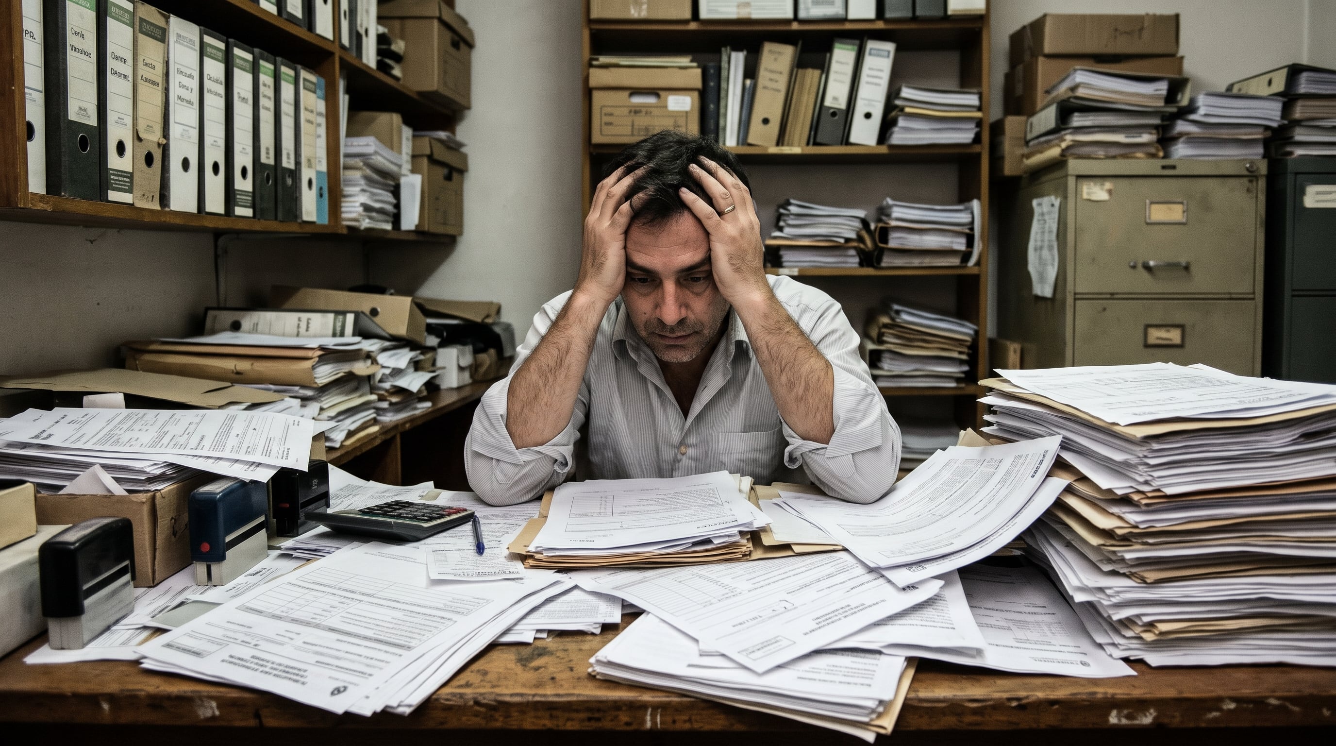 Un hombre permanece sentado frente a pilas de formularios y registros fiscales acumulados sobre un escritorio en una oficina de archivo. (Imagen Ilustrativa Infobae)