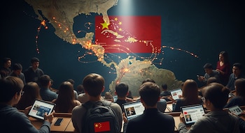 Estudiantes en un auditorio frente a un mapa de América Central y del Sur con líneas luminosas. La bandera de China cubre el Caribe. Mochila con bandera china.