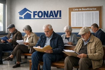 Varias personas mayores sentadas en bancos de madera revisando papeles y carpetas. Al fondo, el logo azul de FONAVI y un cartel que dice 'Lista de Beneficiarios'.