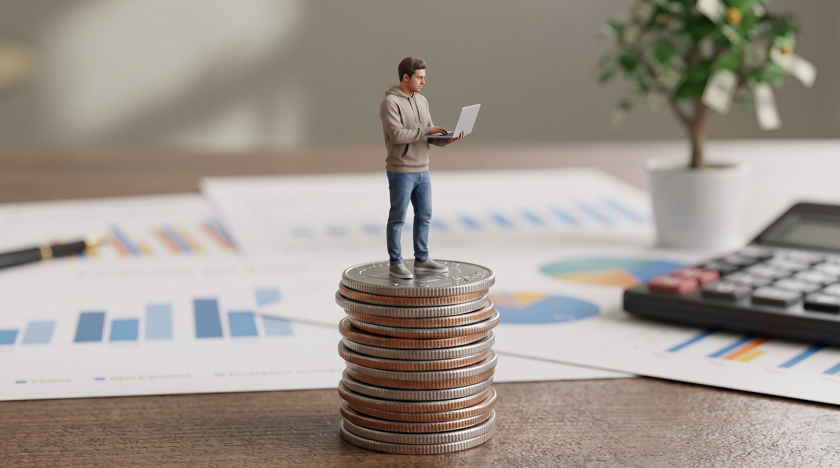Un hombre sobre una pila de monedas utiliza una laptop, mientras documentos con gráficos financieros y una calculadora se distribuyen en el escritorio. (Imagen Ilustrativa Infobae)