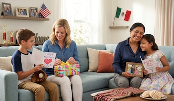 Dos madres sonríen con sus hijos en un sofá, recibiendo regalos y tarjetas de Día de la Madre. Banderas de México y EE. UU. en el fondo