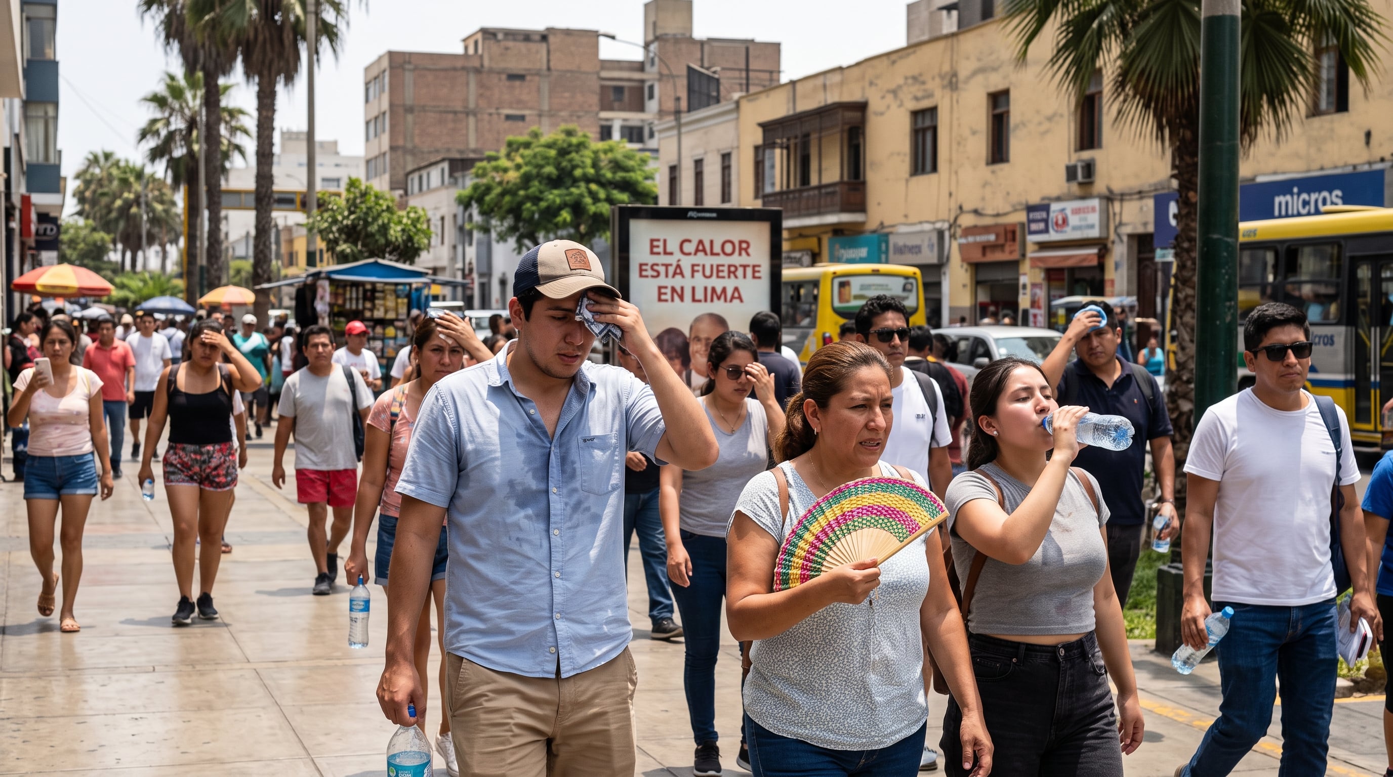 Varias personas recorren una calle de Lima con abanicos y botellas de agua para enfrentar las altas temperaturas de la primavera. (Imagen Ilustrativa Infobae)