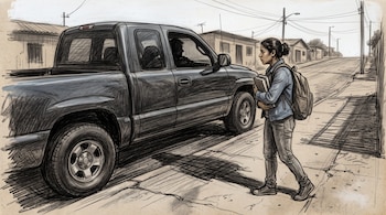 Dibujo a lápiz de una joven con mochila y libros que camina por una acera junto a una camioneta oscura en una calle residencial.