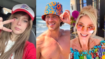Un triptych muestra a Imelda Garza Tuñón con gorra, a José Manuel Figueroa con sombrero de playa y a Maribel Guardia con gafas de sol y blusa colorida