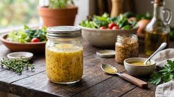 Un frasco con vinagreta, un tazón con ensalada, una botella de aceite, una cuchara y hierbas sobre una mesa de madera.