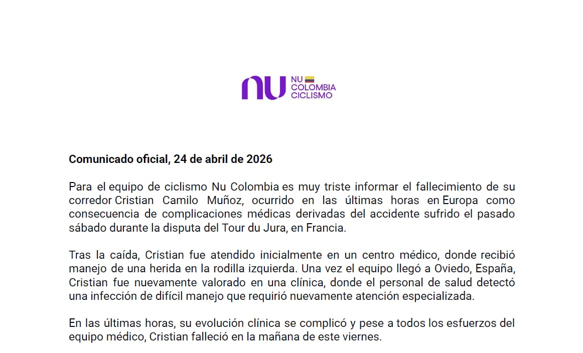 El equipo bancario sacó un comunicado, en dónde detalló lo ocurrido con el ciclista Cristian Camilo Muñoz-crédito Jefatura de Prensa Nu Bank