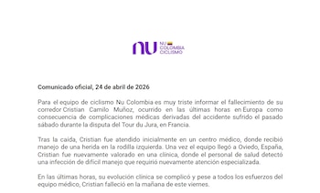 El equipo bancario sacó un comunicado, en dónde detalló lo ocurrido con el ciclista Cristian Camilo Muñoz-crédito Jefatura de Prensa Nu Bank
