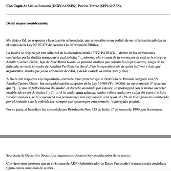 Respuesta de la ANSES sobre el motivos por el que cobra la pensión vitalicia la hija de José María Guido