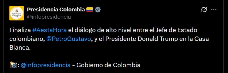 El encuentro entre Gustavo Petro, presidente de Colombia, y Donald Trump, mandatario de Estados Unidos, finalizó, así lo comunicó la Presidencia de Colombia a través de sus cuentas oficiales - crédito X