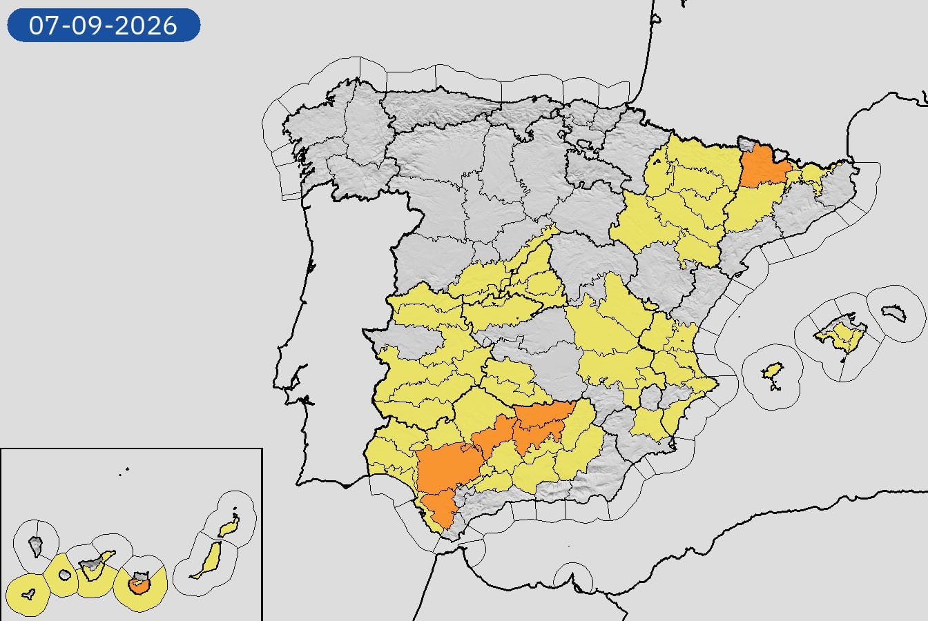 Mapa de alertas meteorológicas para este lunes, 7 de septiembre de 2026. (Aemet)
