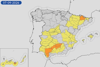Mapa de alertas meteorológicas para este lunes, 7 de septiembre de 2026. (Aemet)
