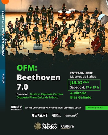 Orquesta filarmónica tocando en un escenario. Director al frente, músicos con instrumentos de cuerda, viento y percusión. Público. Poster con detalles del concierto