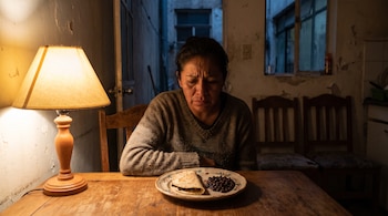 Una mujer sentada frente a una mesa de madera con una lámpara encendida y un plato con una quesadilla y frijoles negros.