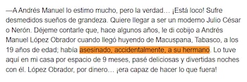 Captura de pantalla a la nota de El Universal: "Una vieja charla con Carlos Monsiváis; "López Obrador estaba loco con sus desmedidos sueños de grandeza”, decía"