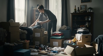 Persona de pelo corto doblando ropa sobre una caja en una habitación desordenada. Hay cajas, montones de ropa y objetos en el suelo. Luz natural de ventanas.