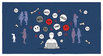 Ilustración plana: hombre frente a portátil rodeado de burbujas con "incel", "simp", "joker" y caras enojadas. Siluetas de mujeres y personas LGBTIQ+ en los bordes.