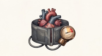 Ilustración de un corazón anatómico rodeado por un brazalete de tensiómetro conectado a un manómetro con aguja sobre fondo claro.