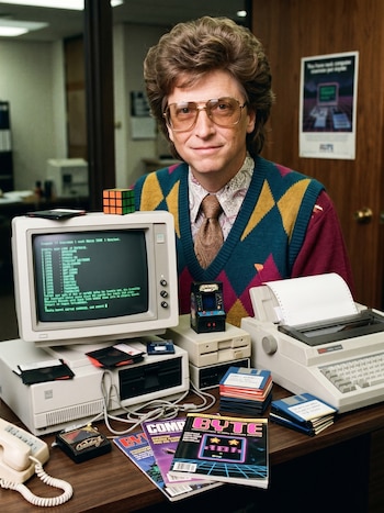 Hombre con anteojos y chaleco junto a un monitor CRT, un cubo de Rubik, disquetes, revistas, una impresora y un teléfono